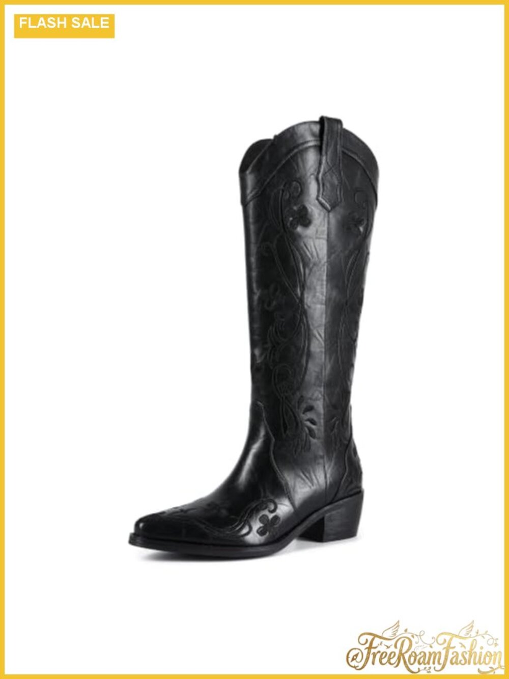 Women's Faux Leather Knee-High Cowboy Boots Embroidered Western Pull-On Block